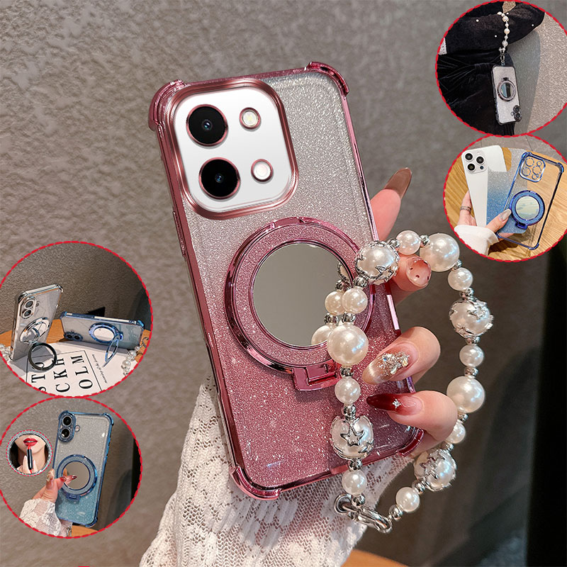Vivo Y28 - Bling Glitter Lipstick Mirror Stand Phone